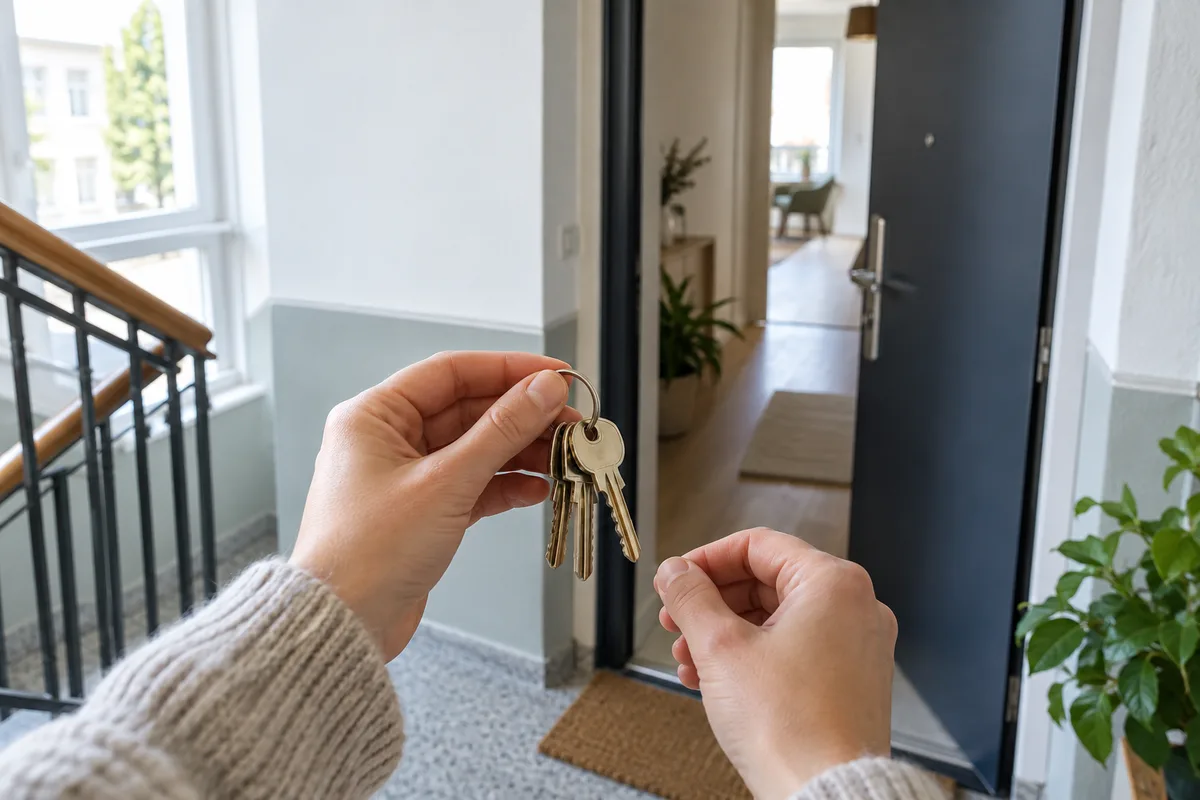 Mains tenant un trousseau de clés devant la porte entrouverte d&rsquo;un appartement, palier d&rsquo;immeuble