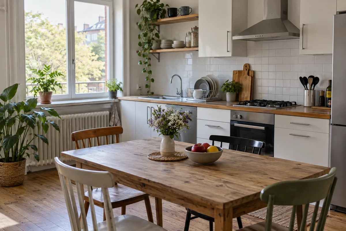 Cuisine partagée d&rsquo;une colocation, table entourée de quatre chaises dépareillées et vaisselle rangée sur l&rsquo;égouttoir