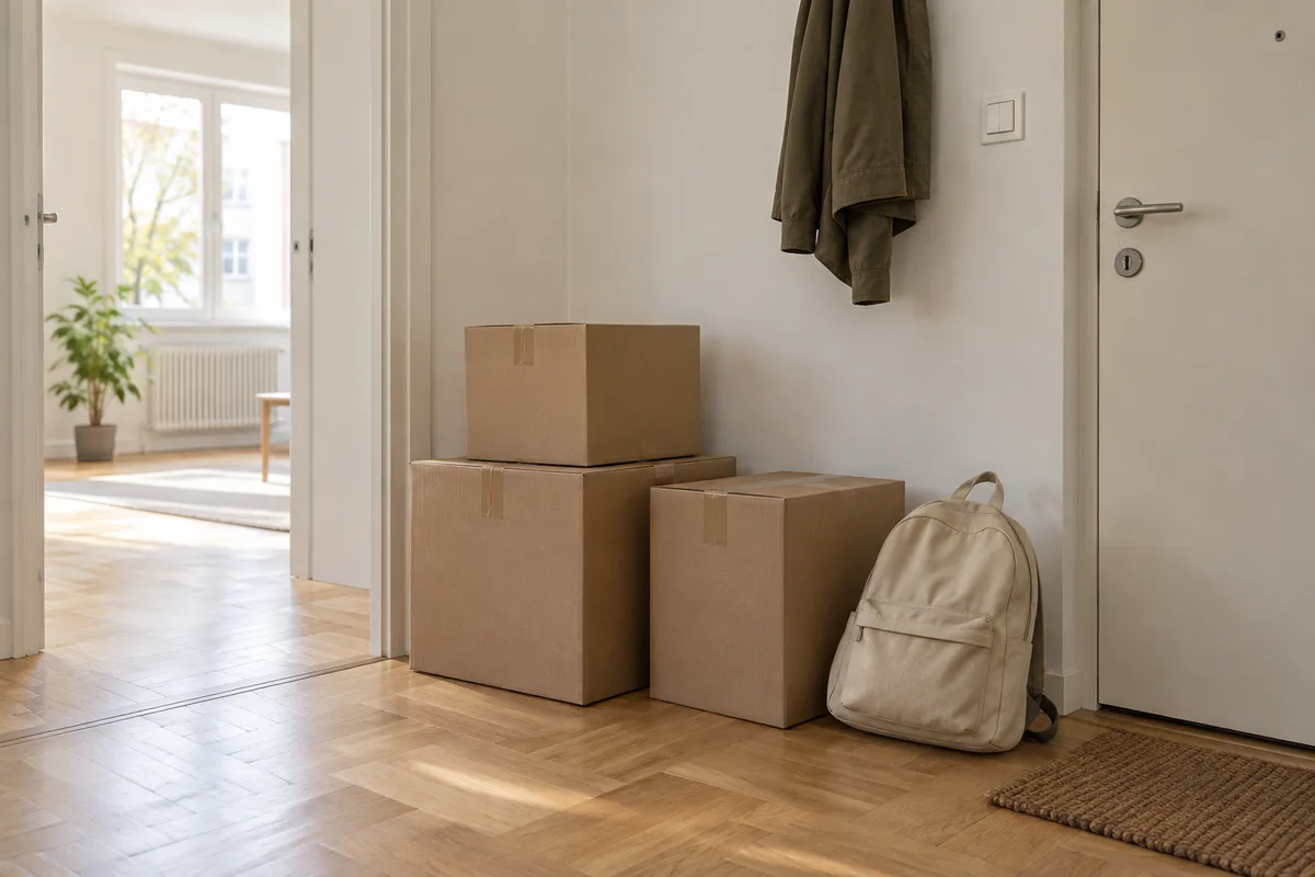 Cartons fermés et sac à dos posés dans l&rsquo;entrée d&rsquo;un petit appartement vide, parquet clair et lumière du matin