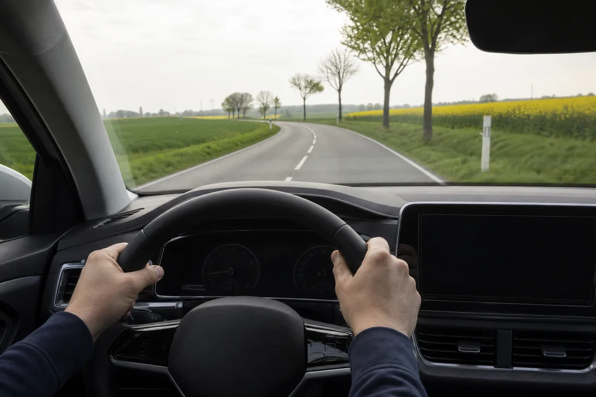 Tableau de bord d une voiture vue depuis le siège conducteur, mains sur le volant, route de campagne