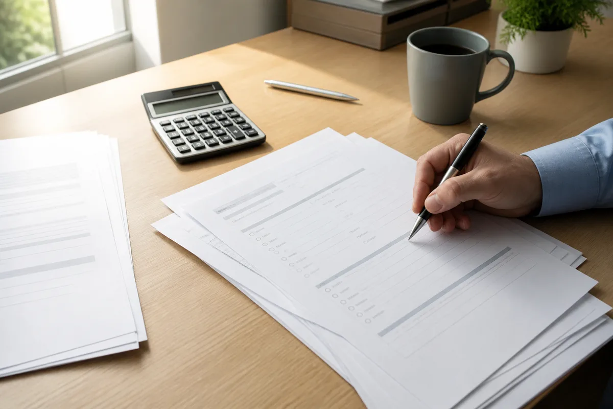 Documents d assurance automobile et calculatrice posés sur un bureau en bois clair
