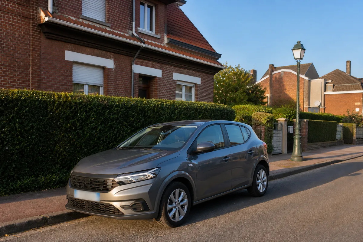 Voiture citadine garée devant une maison de brique en fin de journée dans une rue résidentielle