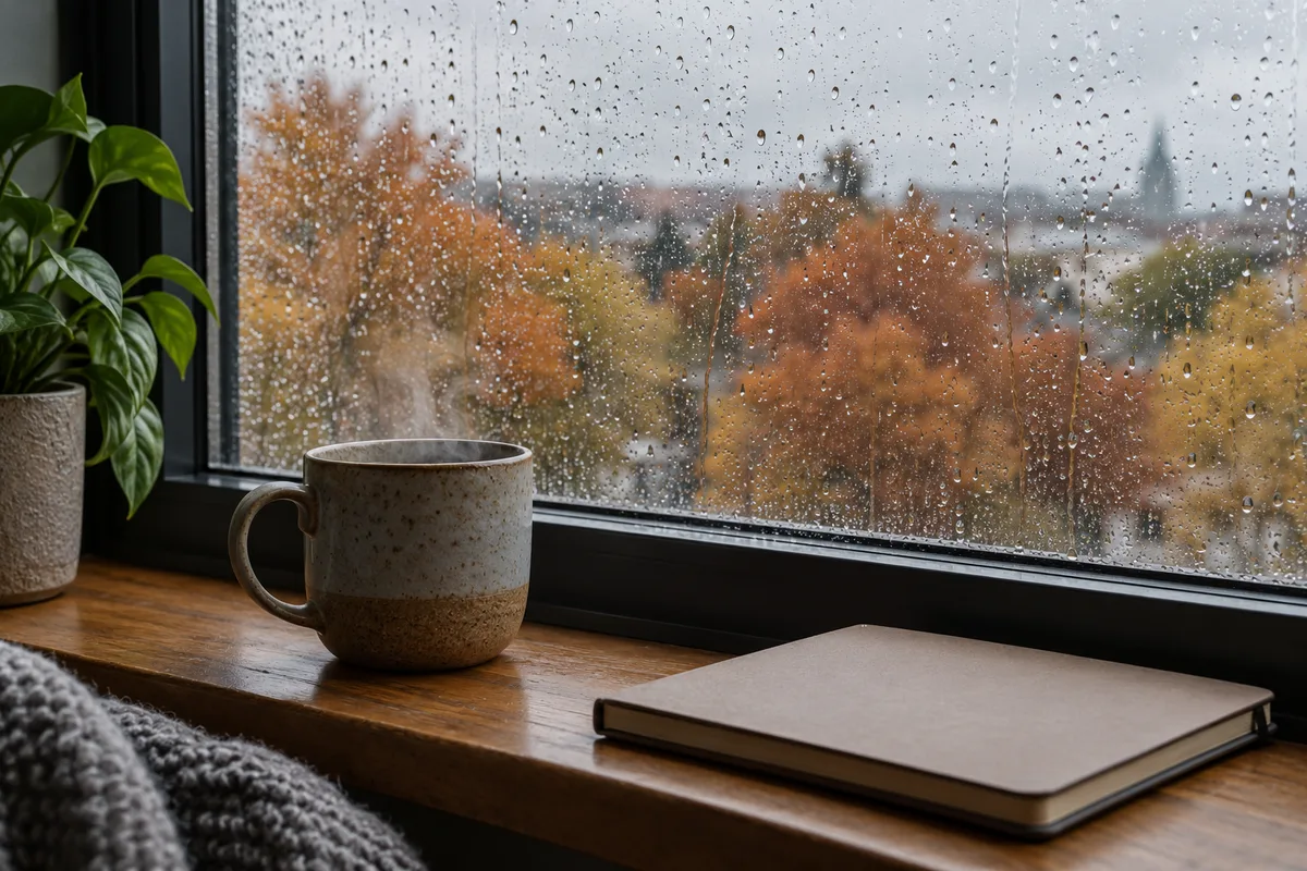 Fenêtre de bureau battue par la pluie d&rsquo;automne, tasse et carnet fermé posés sur l&rsquo;appui