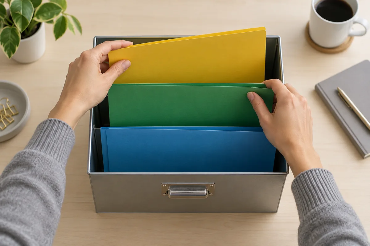 Mains classant des chemises cartonnées de couleurs unies dans un bac de bureau