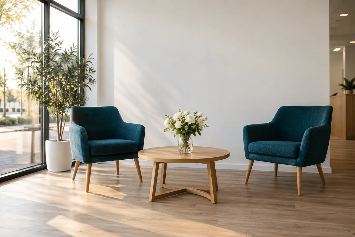 Salle d&rsquo;attente d&rsquo;agence vide avec deux fauteuils face à une table basse
