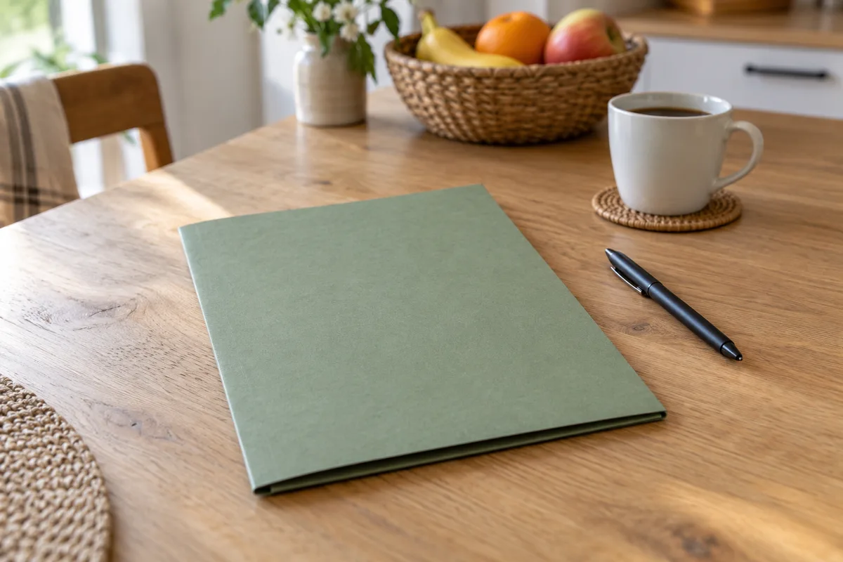 Dossier cartonné uni et stylo posés sur une table de cuisine en bois