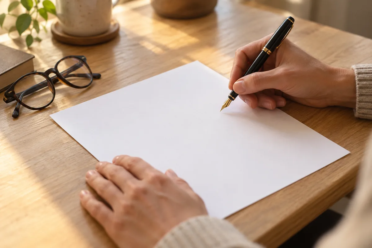 Mains signant un document vierge vu de biais sur un bureau en bois clair