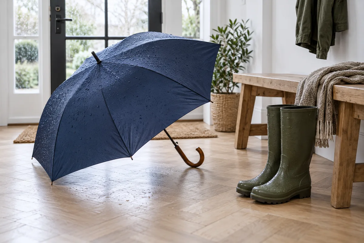 Parapluie ouvert posé au sol dans une entrée claire et lumineuse