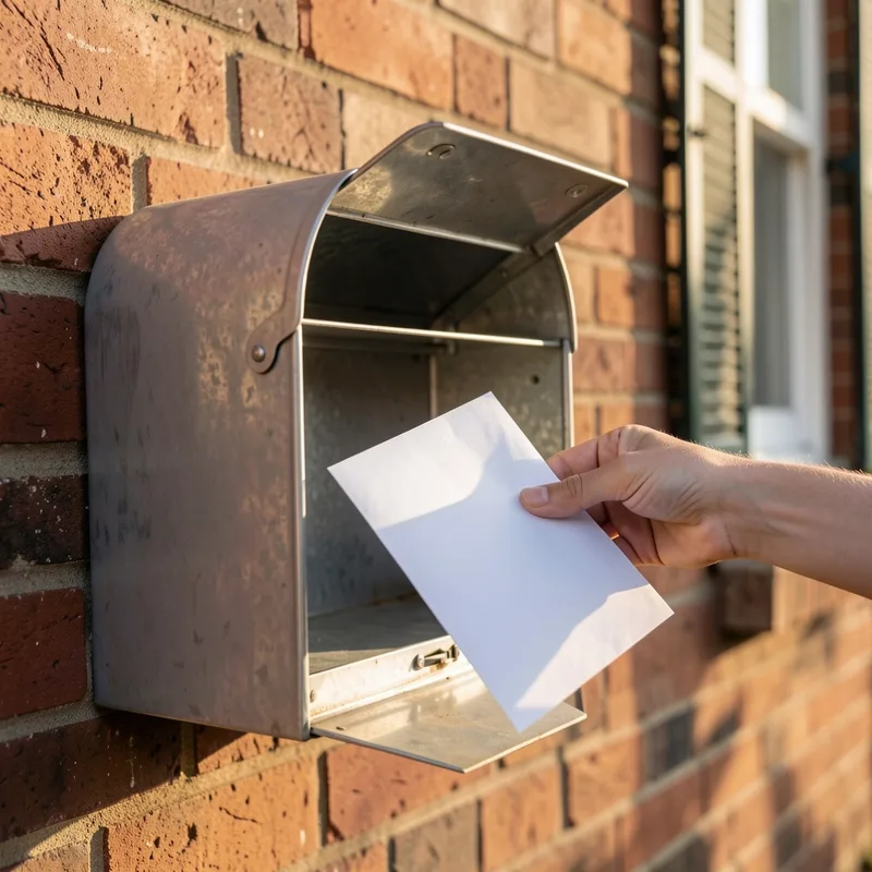 Boîte aux lettres ouverte devant une maison de brique, courrier recommandé à la main