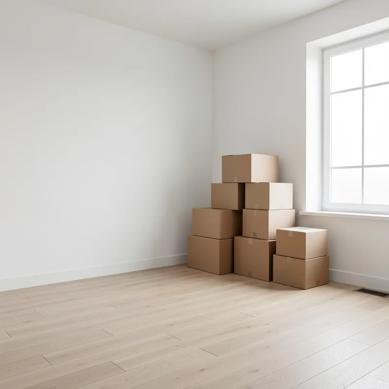 Cartons de déménagement empilés dans un salon vide aux murs clairs