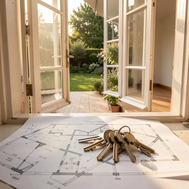 Trousseau de clés posé sur un plan de maison, dans un séjour vide aux volets ouverts