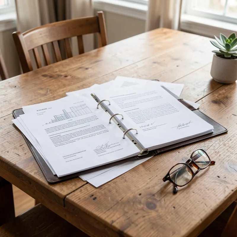 Classeur ouvert et courriers d&rsquo;assurance étalés sur une table de salle à manger