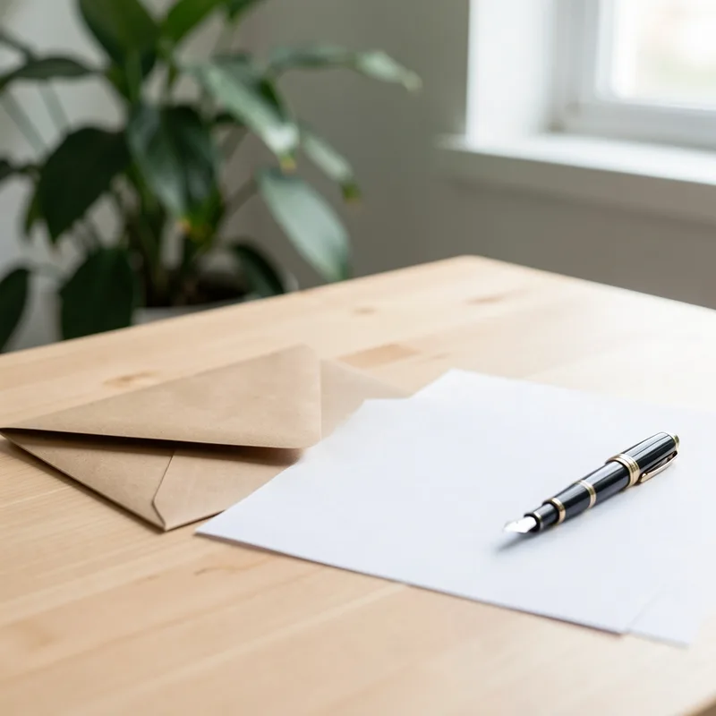 Enveloppe et lettre manuscrite posées sur un bureau en bois clair à côté d&rsquo;un stylo