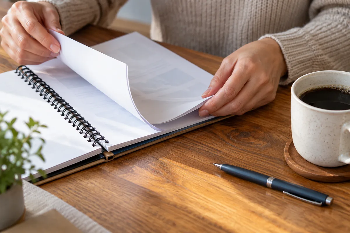 Mains feuilletant un dossier à spirale posé sur une table, une tasse de café à côté