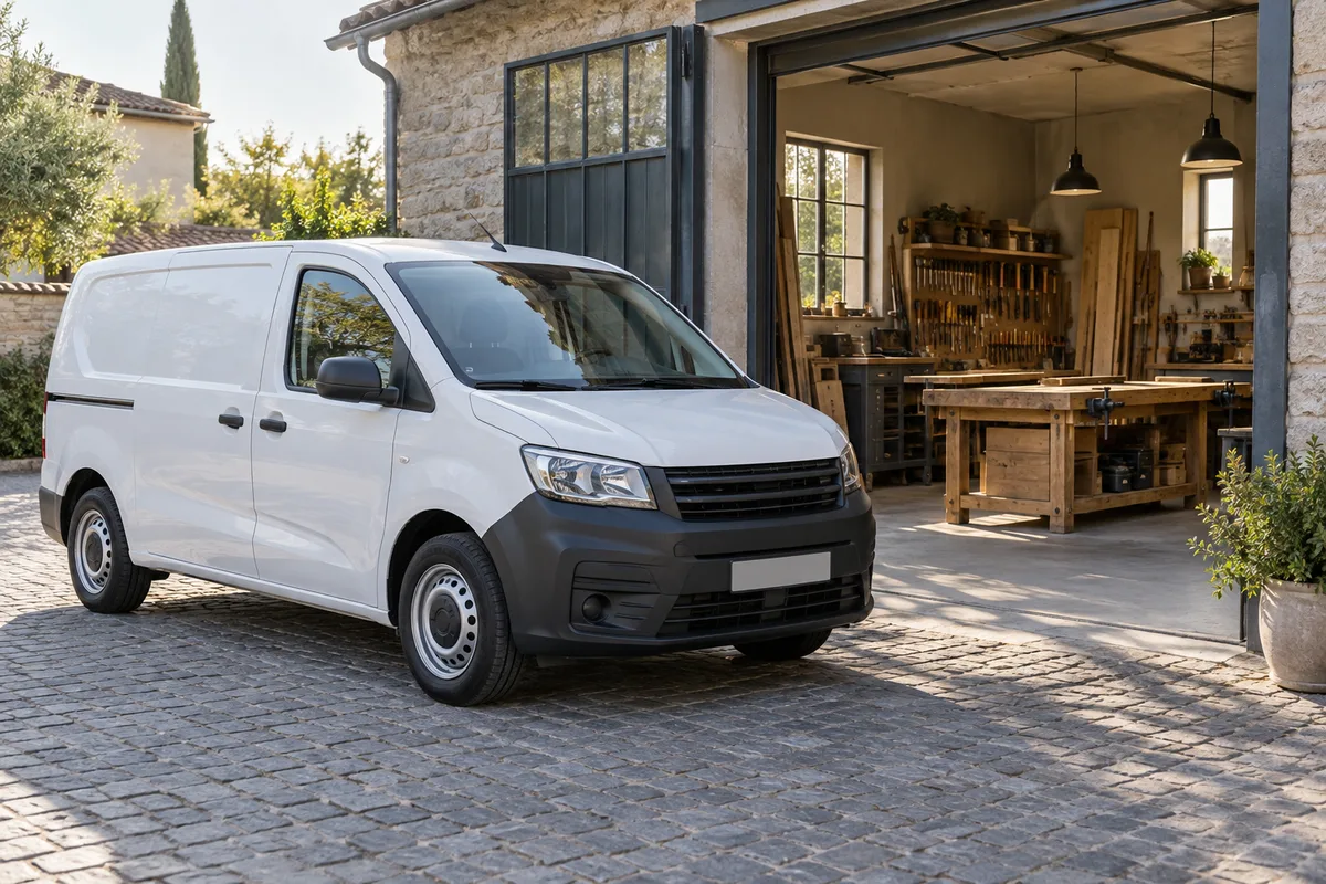 Camionnette blanche unie garée devant un atelier d&rsquo;artisan à la porte ouverte, établi visible à l&rsquo;intérieur