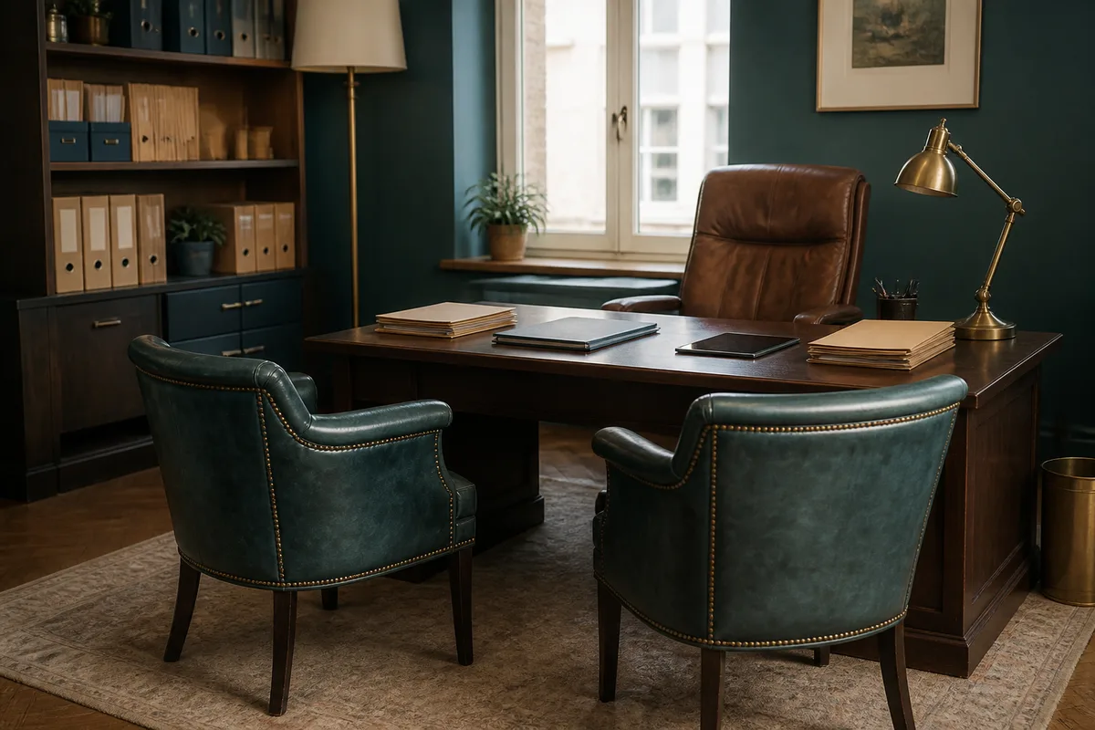Bureau d&rsquo;agence d&rsquo;assurance avec deux fauteuils face à une table de travail et des dossiers classés