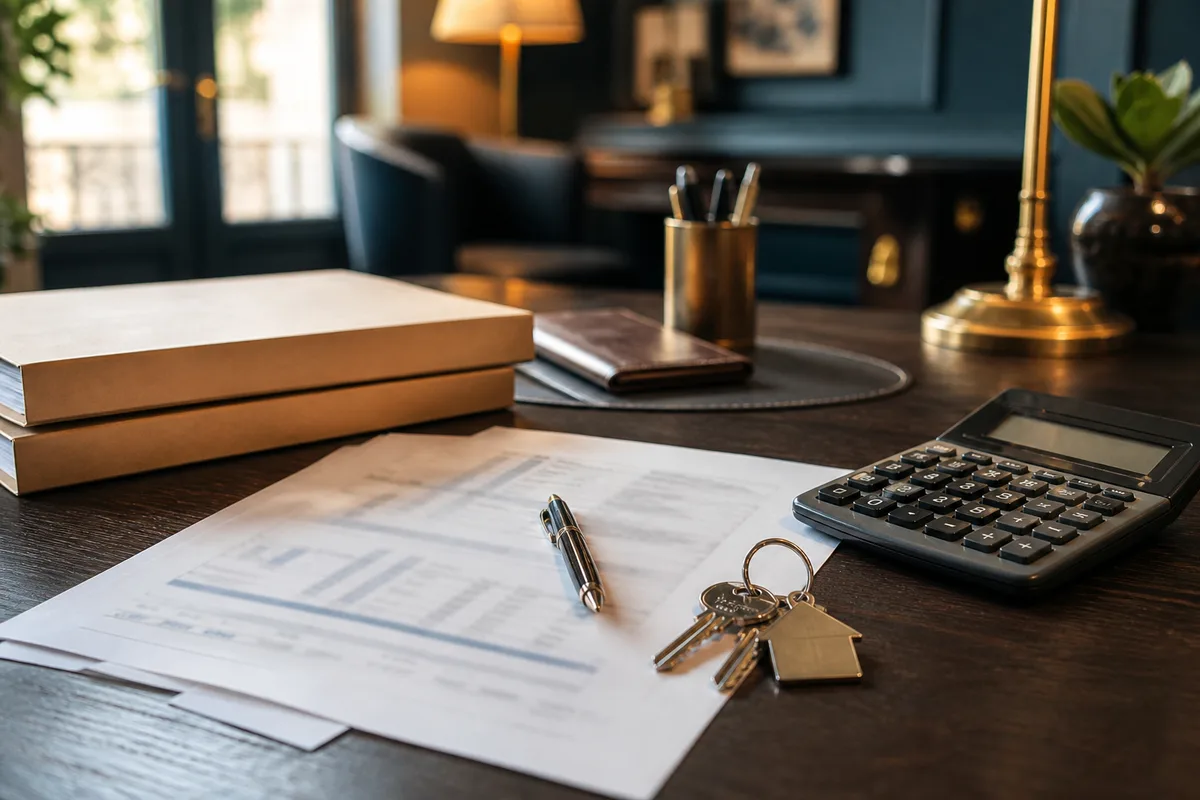 Table de travail avec un plan de financement immobilier, une calculatrice et un trousseau de clés