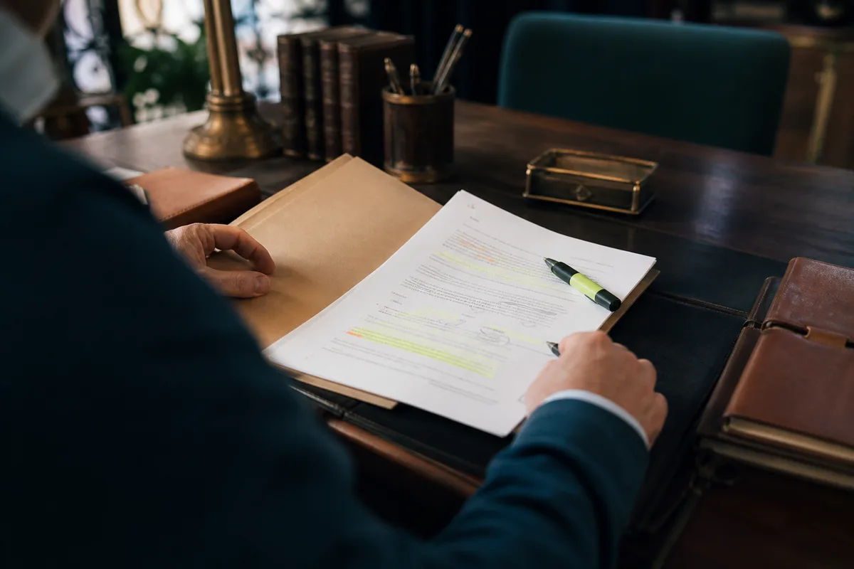Personne relisant un contrat de prêt immobilier annoté, surligneur posé sur la page