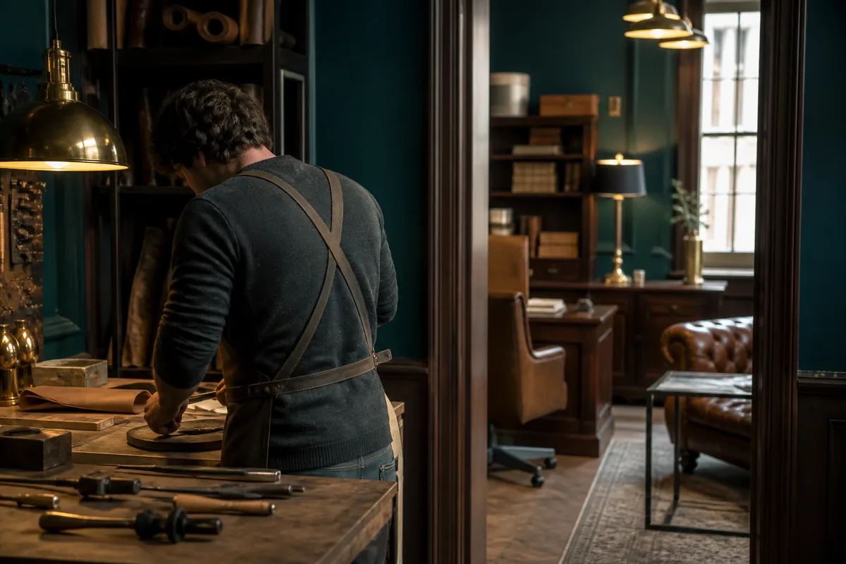 Artisan travaillant dans son atelier, outils et matériel professionnel disposés sur un établi