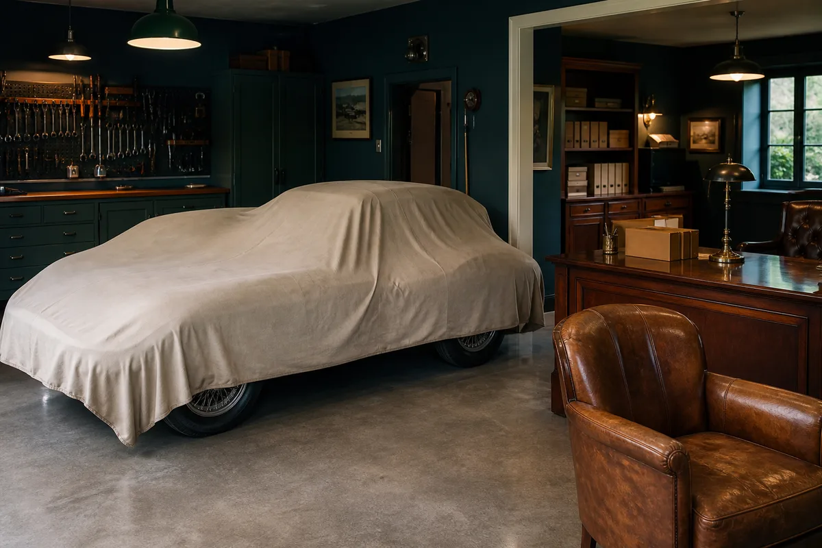 Intérieur d&rsquo;un garage privé fermé abritant un véhicule ancien sous housse, sol propre et outillage rangé