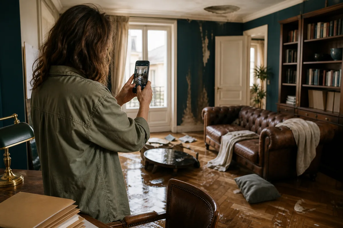 Salon endommagé par un sinistre, occupant photographiant les dégâts avec son téléphone
