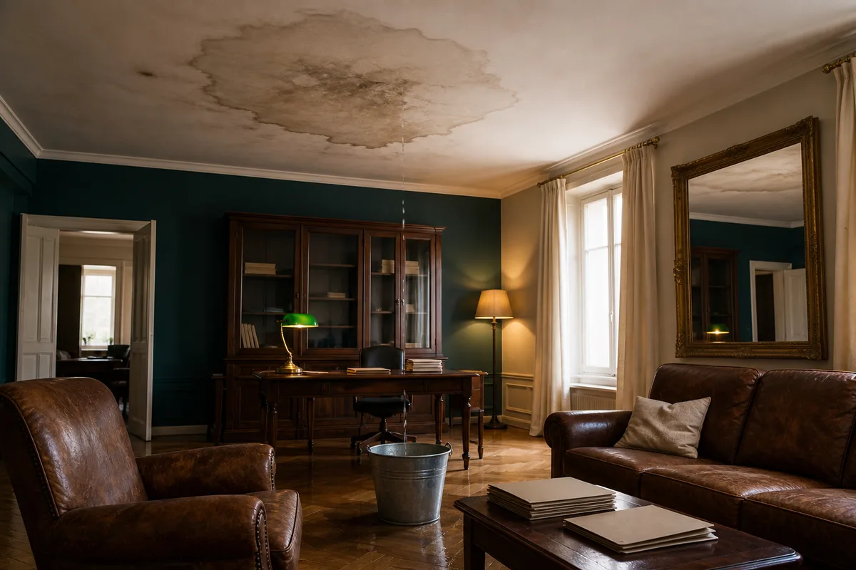 Plafond marqué par une auréole d&rsquo;humidité dans un séjour, seau posé au sol sous la fuite