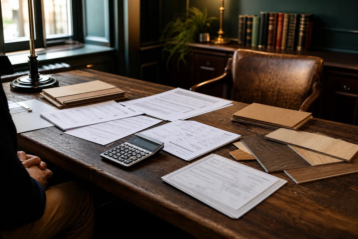 Table de salle à manger couverte de devis de travaux, calculatrice et échantillons de revêtement de sol